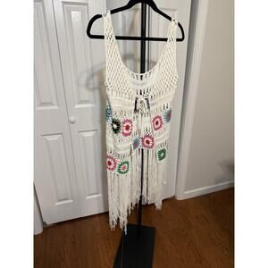 Crochet Fringe Floral Boho KIMONO/VEST White Multicolor Sleeveless